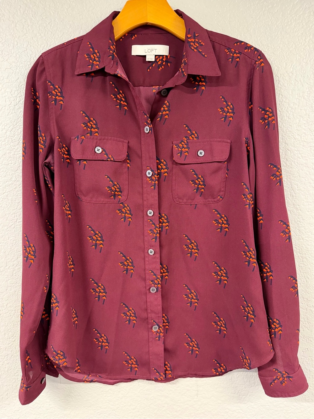 LOFT Plum Button-Front Floral Blouse with Orange Accents
